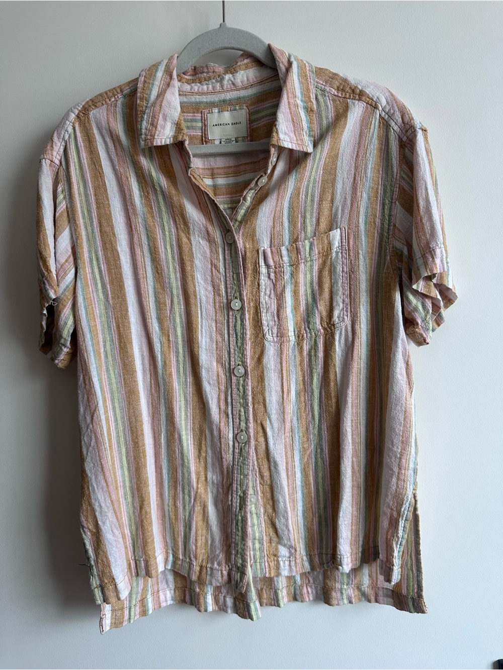 American Eagle Outfitters Pastel Multi-Striped Short-Sleeve Button-Up Shirt